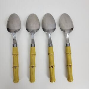 Vintage Kitchen Home Spoons One Size Silver Tiki Bamboo Handle Pattern Set of 4
